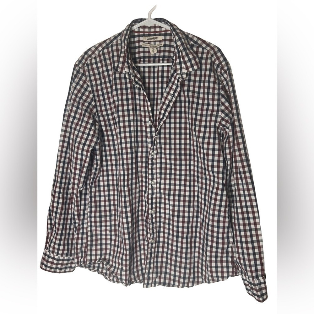 Goodthreads Mens XL Standard Fit Gingham‎ Button Down Shirt Burgundy Navy White